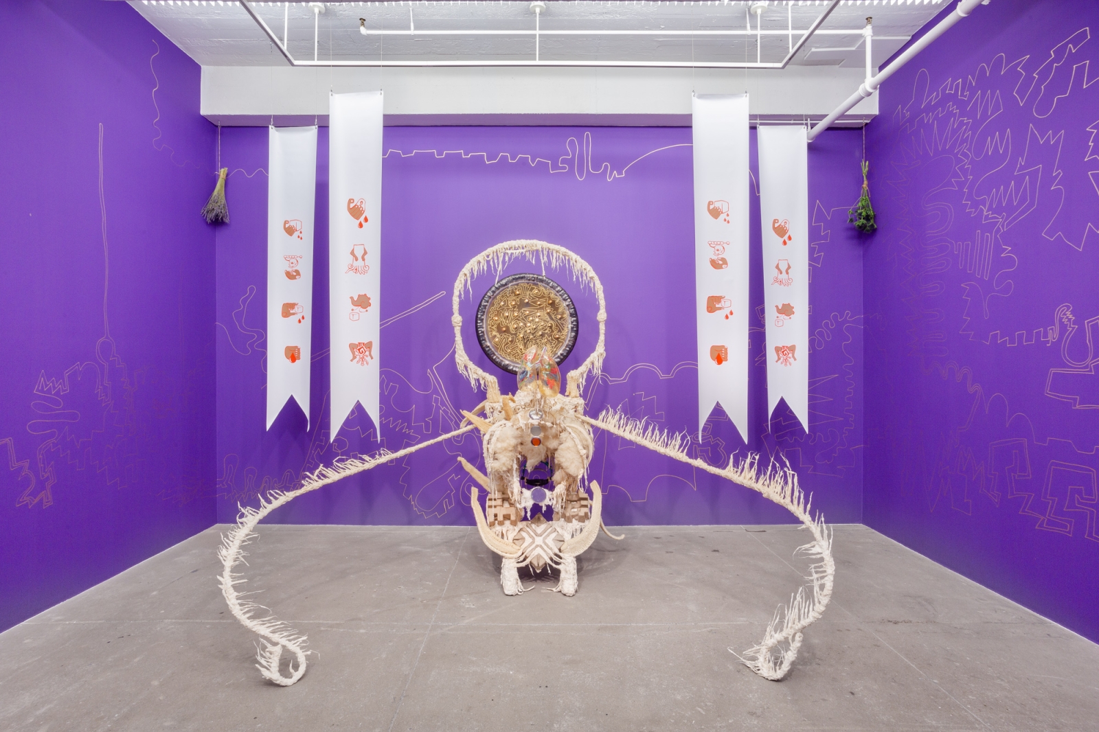 Guadalupe Maravilla
Disease Thrower #4, 2019 (installation view)
gong, steel, wood, cotton, glue mixture, plastic, loofah, and objects collected from a ritual of retracing the artist&#39;s original migration route
96 x 57 x 63 ins.
243.8 x 144.8 x 160 cm