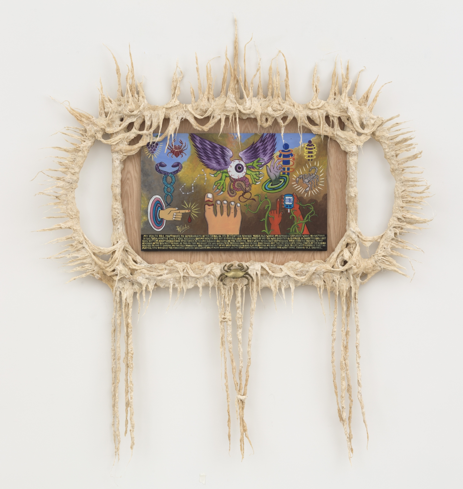Guadalupe Maravilla
My health has continued to deteriorate Retablo, 2021
oil on tin, cotton, glue mixture, wood and found bronze crab
76 1/2 x 69 x 9 ins.
194.3 x 175.3 x 22.9 cm