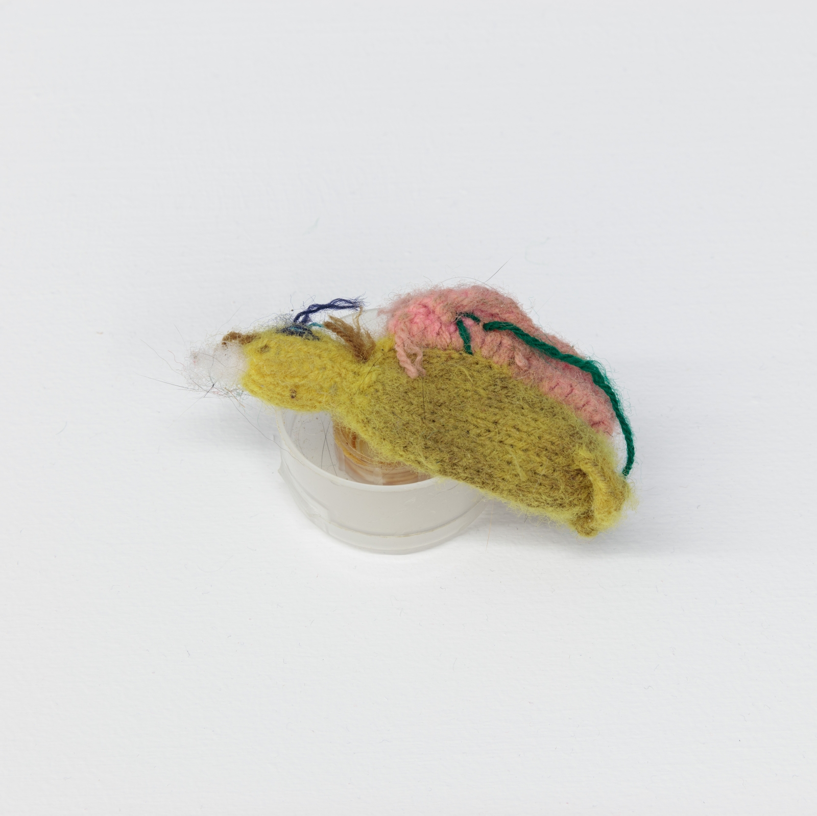 Carolee Schneemann
Assemblage; slippers with toy mouse, 2015
bottle cap with toy and wire
3 x 4 ins.
7.6 x 10.2 cm