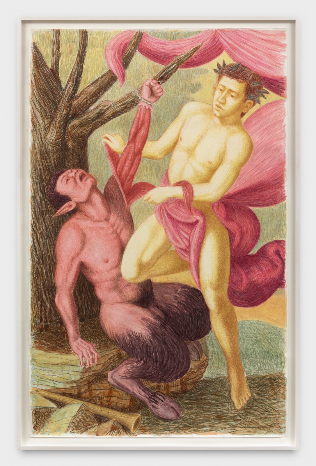 Elijah Burgher
Apollo Flaying Marsyas (after Antionio de Bellis), 2021
colored pencil and watercolor on paper
70 1/2 x 44 1/2 ins.
179 x 113 cm
