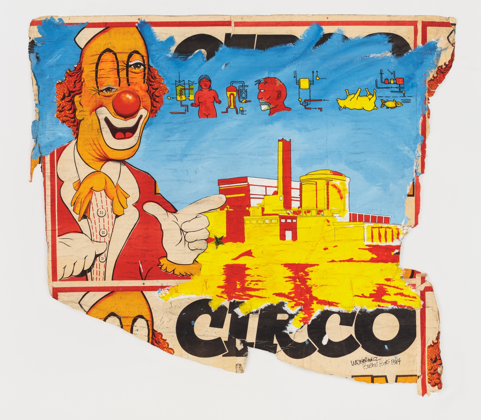 David Wojnarowicz
Circo: Cordoba Nuclear Plant, 1984
acrylic and collage on found printed poster
signed and dated
53 1/2 x 77 ins.
135.9 x 195.6 cm