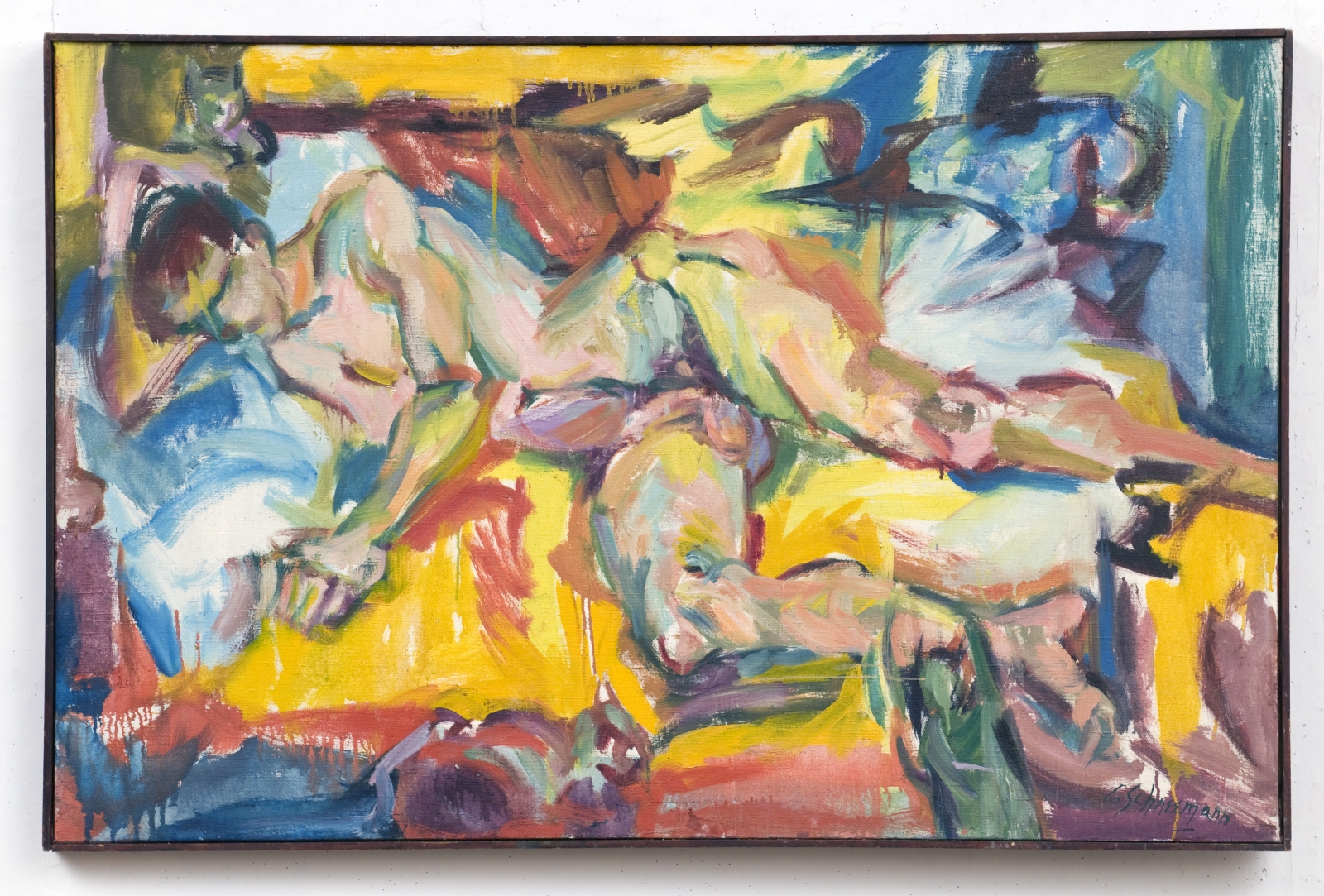 Carolee Schneemann
Personae: JT and Three Kitch&#39;s, 1957
signed lower right
oil on canvas
31 x 48 ins.
78.7 x 121.9 cm