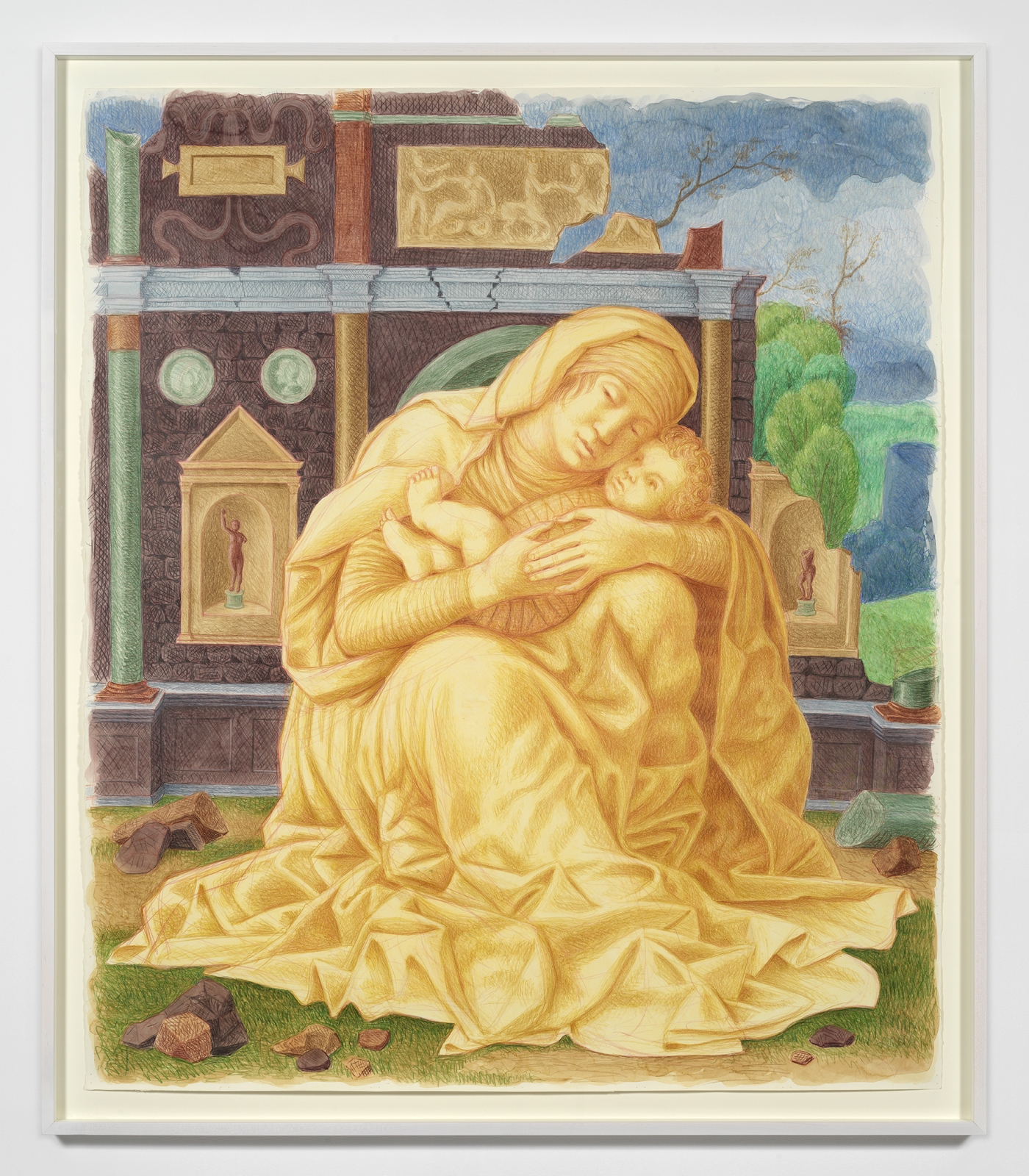 Elijah Burgher
Mary Amongst the Ruins (after Mantegna), 2021
colored pencil and watercolor on paper
44 1/2 x 44 7/8 ins.
113 x 114 cm
