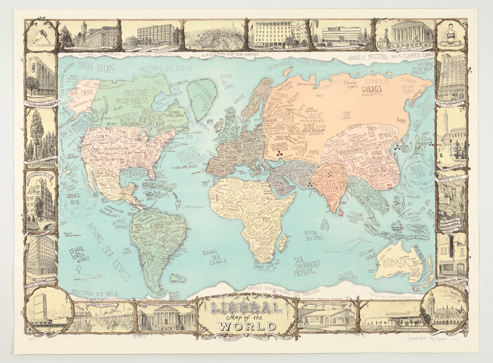 Sandow Birk and Elyse Pignolet
A Liberal Map of the World (collaboration with Elyse Pignolet), 2011
6 color lithograph
34 x 46 in.
86.36 x 116.84 cm