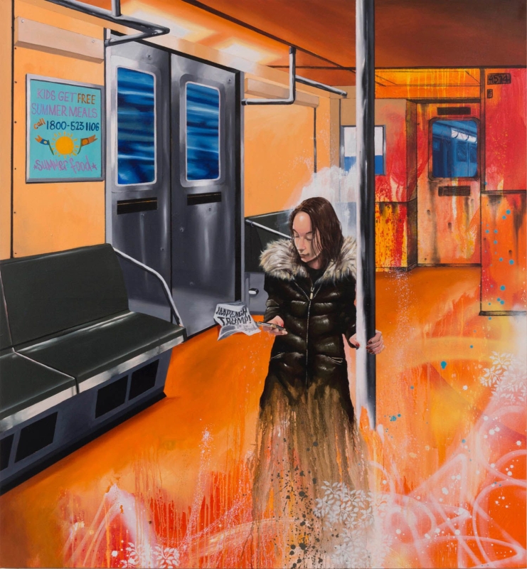 Chris &quot;Daze&quot; Ellis
April in the Subway, 2017
oil, acrylic, spray paint on canvas
68 x 65 in.
172.7 x 165.1 cm